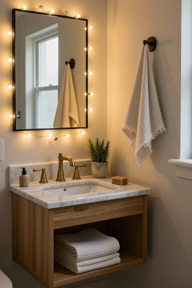 Bathroom vanity with oak wood cabinet, white marble countertop, gold faucet and handles, black-framed mirror edged with warm white bulb string lights, hanging white towels, soap dispenser, potted plant, and bar of soap.