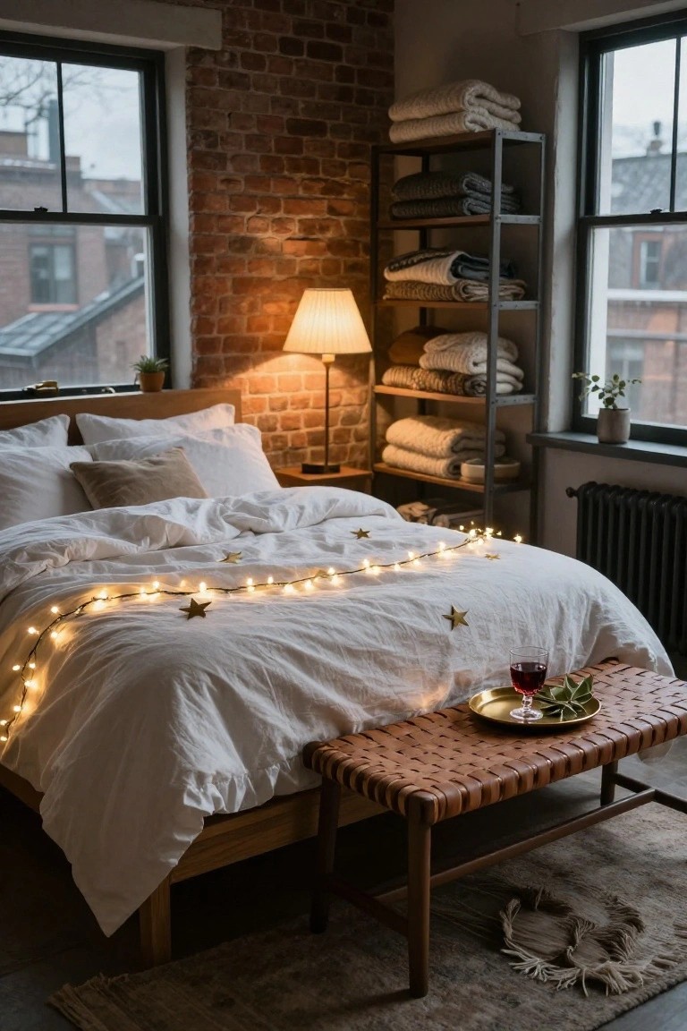 Cozy bedroom interior with exposed brick walls, a wooden bed covered in white linens draped with fairy lights and gold stars, a leather bench at the foot holding a wine glass on a tray, shelves stacked with folded blankets, and a lamp providing warm light.