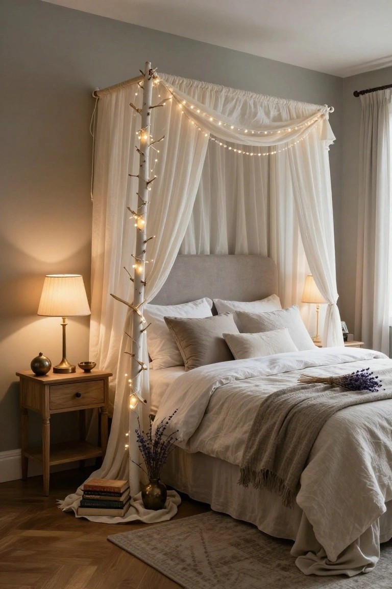 A bedroom with a gray fabric headboard bed under a canopy of sheer white curtains supported by a tall white tree branch strung with fairy lights, next to a wooden nightstand holding lamps, a vase, books, and lavender sprigs.