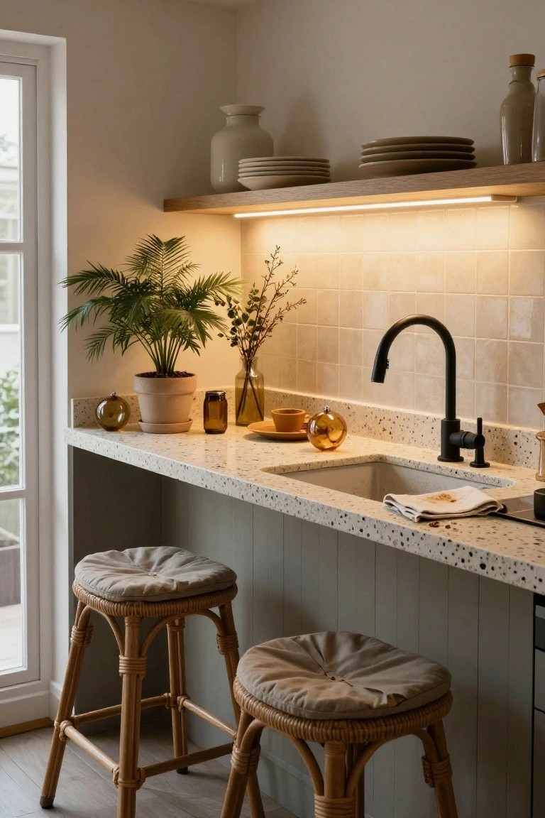 Side view of a kitchen counter with speckled white terrazzo top, black curved faucet over a sink, beige tiled backsplash, wooden shelf with plates and jars above warm LED strip lighting, potted plants and glassware on counter, two rattan bar stools with beige cushions, and window in background.