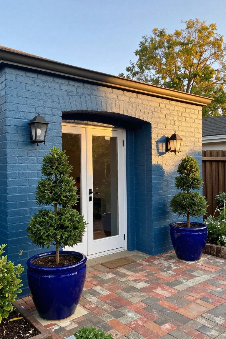 Blue painted brick exterior wall with arched entryway featuring white French doors, flanked by black lanterns and large blue pots with topiary trees on a brick paver path.