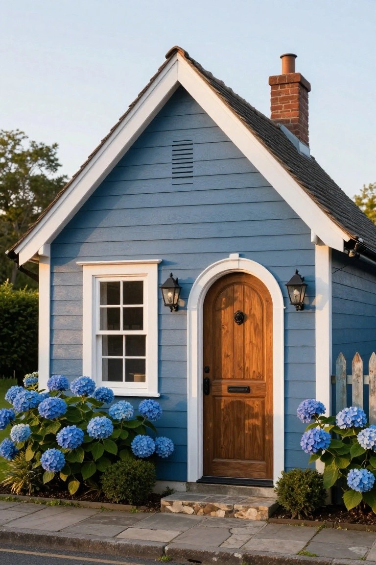 Small slate blue clapboard cottage with gabled roof, white trim, arched wooden front door with brass knocker, lanterns flanking the door, blue hydrangea bushes on both sides, picket fence, and stone entry steps on a paved path.
