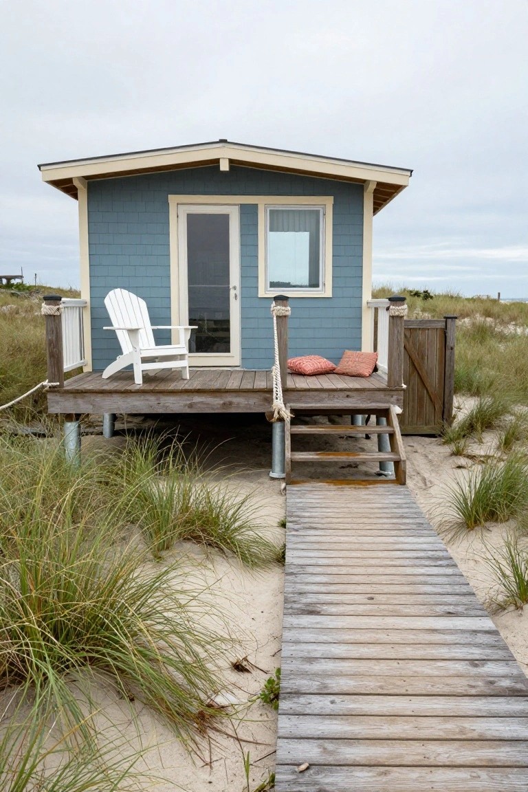 Elevated small cottage with light blue shingle siding on a beach deck, white Adirondack chair with orange pillows, wooden gate, and boardwalk path through sand dunes.
