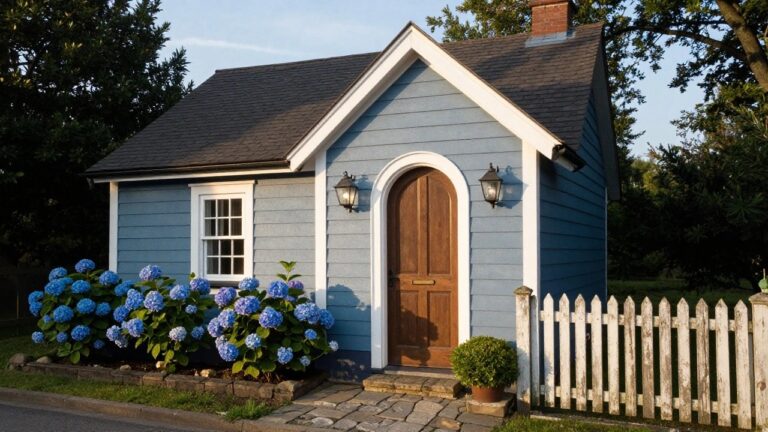 Small slate blue clapboard cottage with gabled roof, white trim, arched wooden front door with brass knocker, lanterns flanking the door, blue hydrangea bushes on both sides, picket fence, and stone entry steps on a paved path.