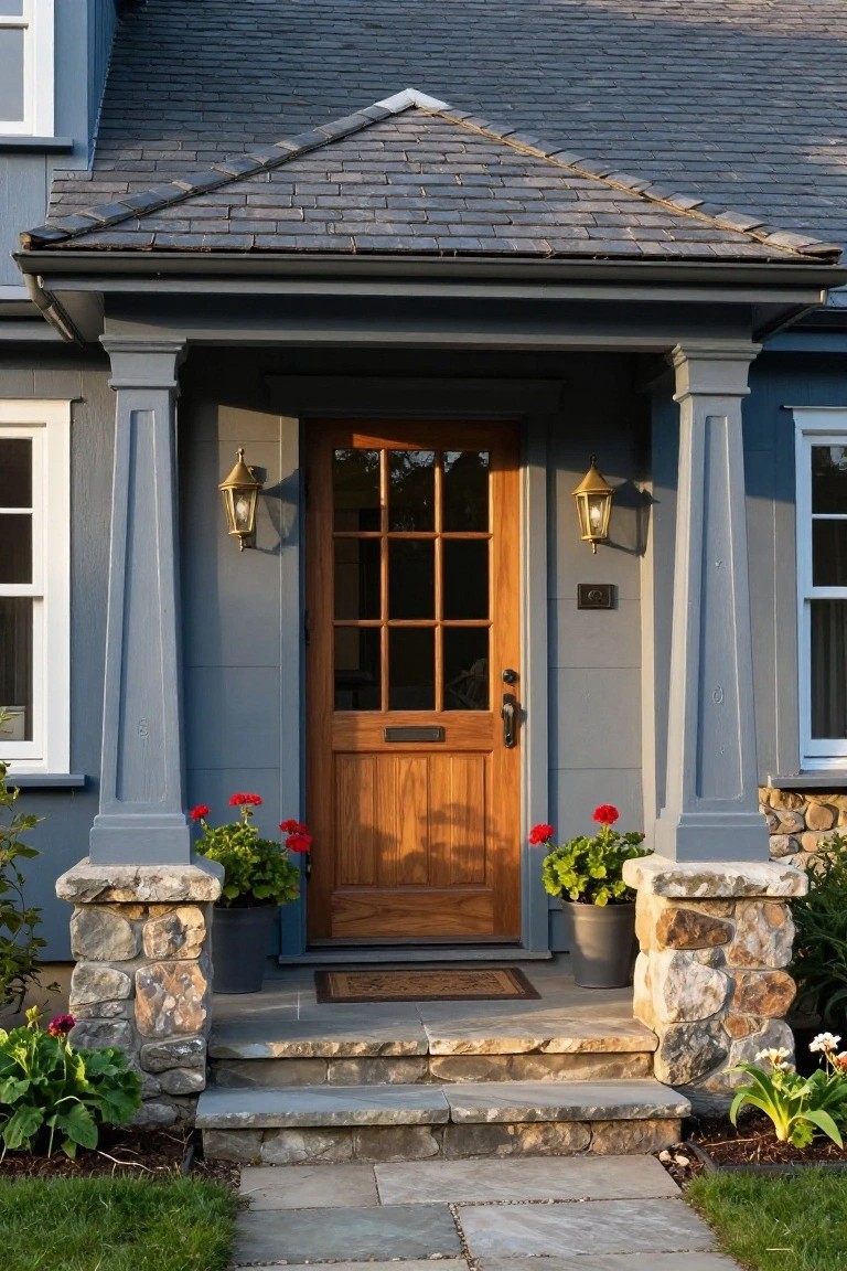 Slate blue house exterior with a covered front porch supported by fluted columns on stone bases, a wooden paneled door with nine glass panes, brass lanterns, potted red geraniums, stone steps, and a welcome mat.