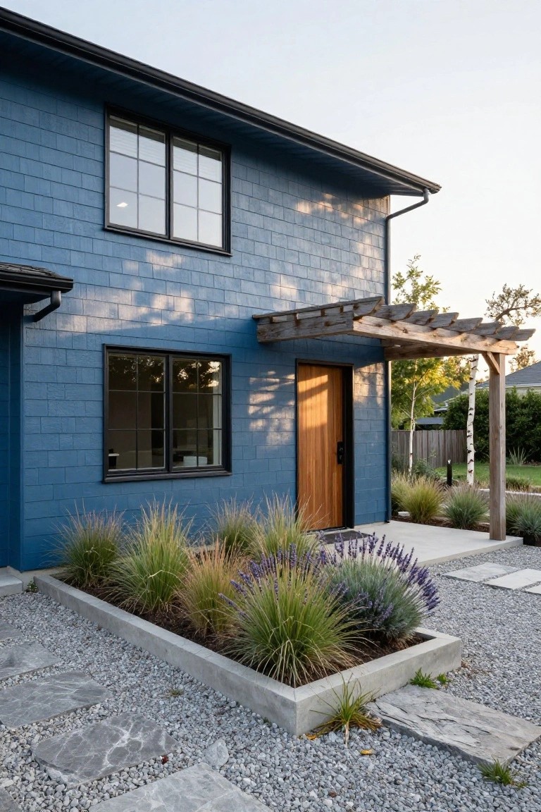 Side view of a slate blue shingle house with black-framed windows, wooden front door under a pergola supported by posts, raised concrete planter bed with grasses and lavender, gravel ground cover, and stone pavers leading to the entry.