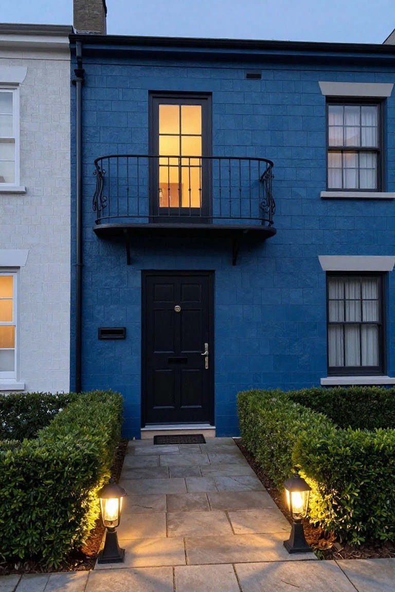 Blue brick terrace house exterior with black front door, wrought iron balcony above, boxwood hedges, stone pathway, and lantern lights at dusk.