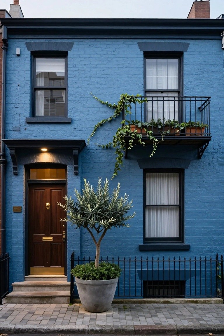 A two-story slate blue brick townhouse with black window frames, wooden front door, large potted olive tree at the entrance, ivy on the upper balcony, black iron railing, and steps leading to a paved sidewalk.