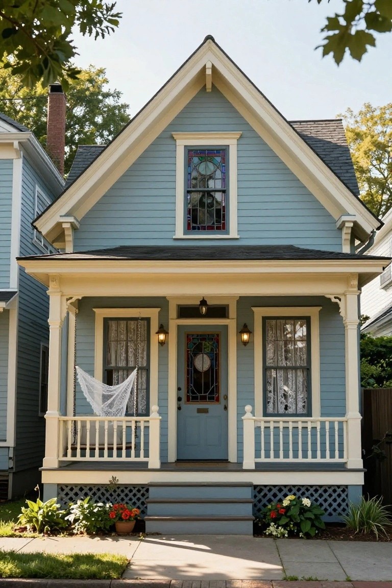 A pale blue gabled house with white trim, yellow porch columns and railing, stained glass windows, hanging porch swing draped in white fabric, lanterns, and potted flowers at the base steps.