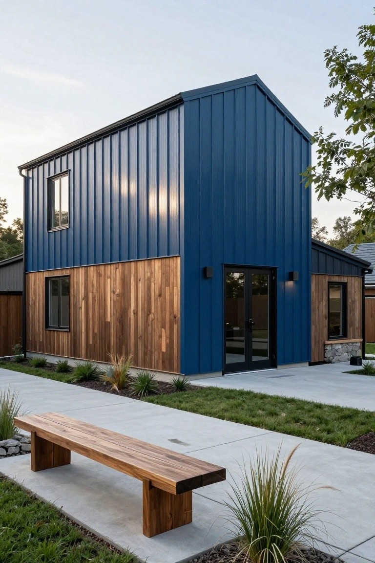 Two-story house exterior with dark blue corrugated metal siding on upper walls, horizontal wood cladding on lower walls and entry area, black double glass doors, concrete path, wooden bench, and grasses in front yard.