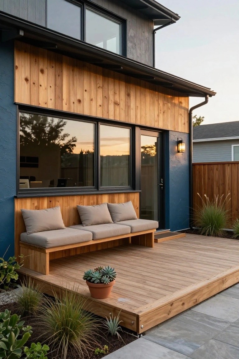 Side exterior of a modern house featuring a slate blue textured wall with horizontal cedar wood siding above, large black-framed windows, black door, built-in wooden bench with beige cushions, wooden deck, potted succulent, and low plants in the yard at dusk.