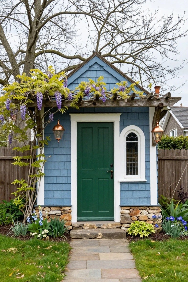 Small slate blue shingled garden shed with green door, arched window, copper lanterns, wisteria vines on pergola, stone foundation, flower beds, and stone path in a backyard garden.