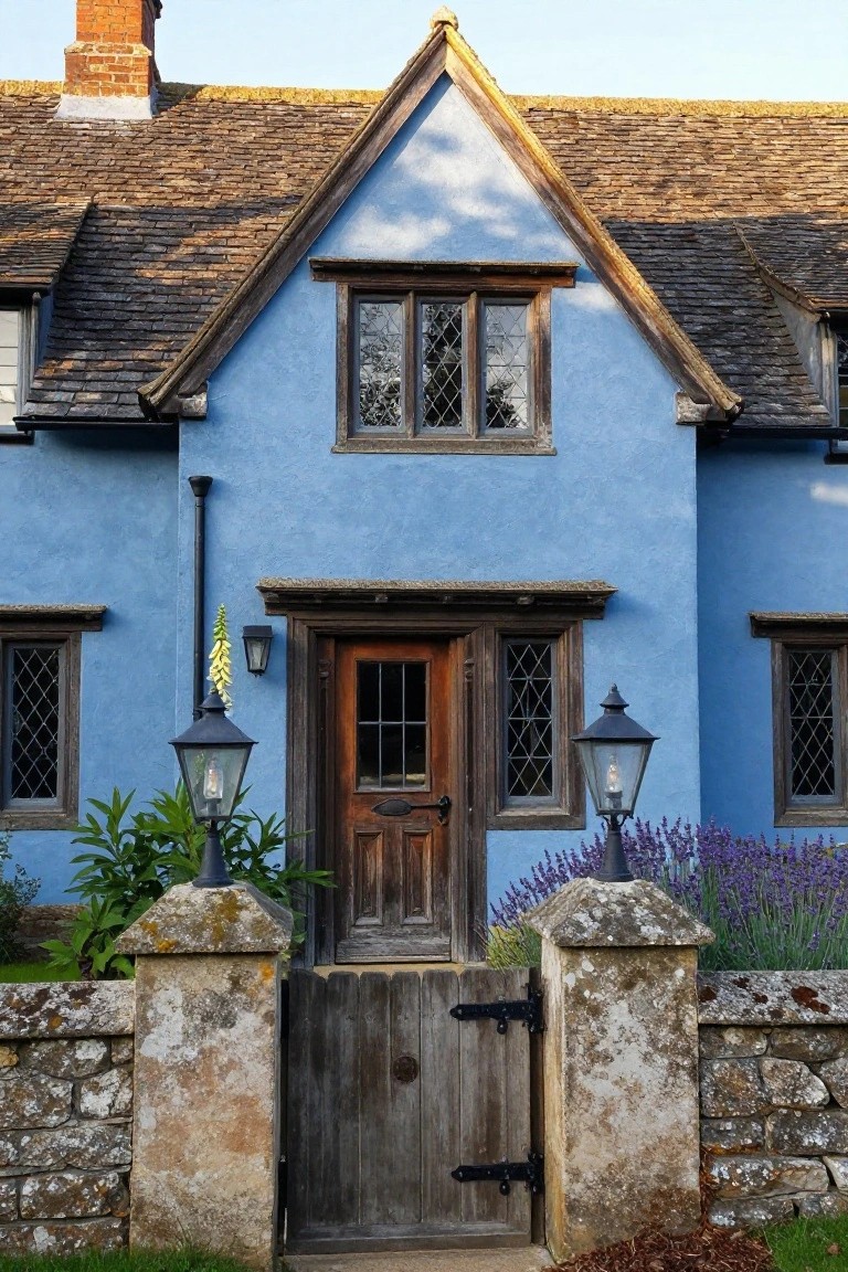 Light blue painted half-timbered cottage exterior with dark wooden frames, gabled roof, wooden front door, stone wall with wooden gate, lantern lights, and plants including tall yellow foxgloves and purple lavender.