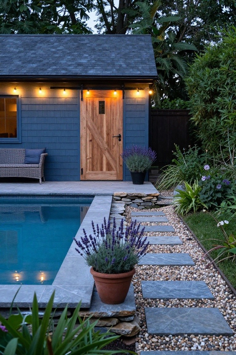Slate blue shingled pool house with wooden sliding barn door illuminated by string lights, positioned next to an in-ground swimming pool with a stone and gravel pathway lined by lavender plants.