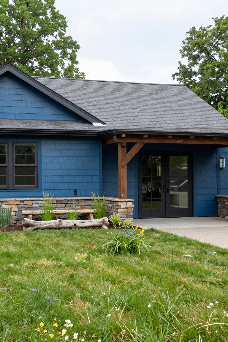 Slate blue shingle-sided house exterior featuring a covered entry porch with exposed timber beams, stone base wall with bench, double glass doors, and grassy yard with plants.