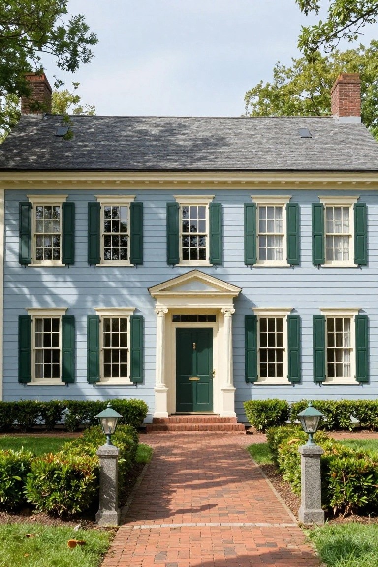 Two-story light blue clapboard house with dark green shutters, white trim, columned entry porch with green door, brick walkway flanked by stone lanterns and boxwood hedges, surrounded by lawn and trees.