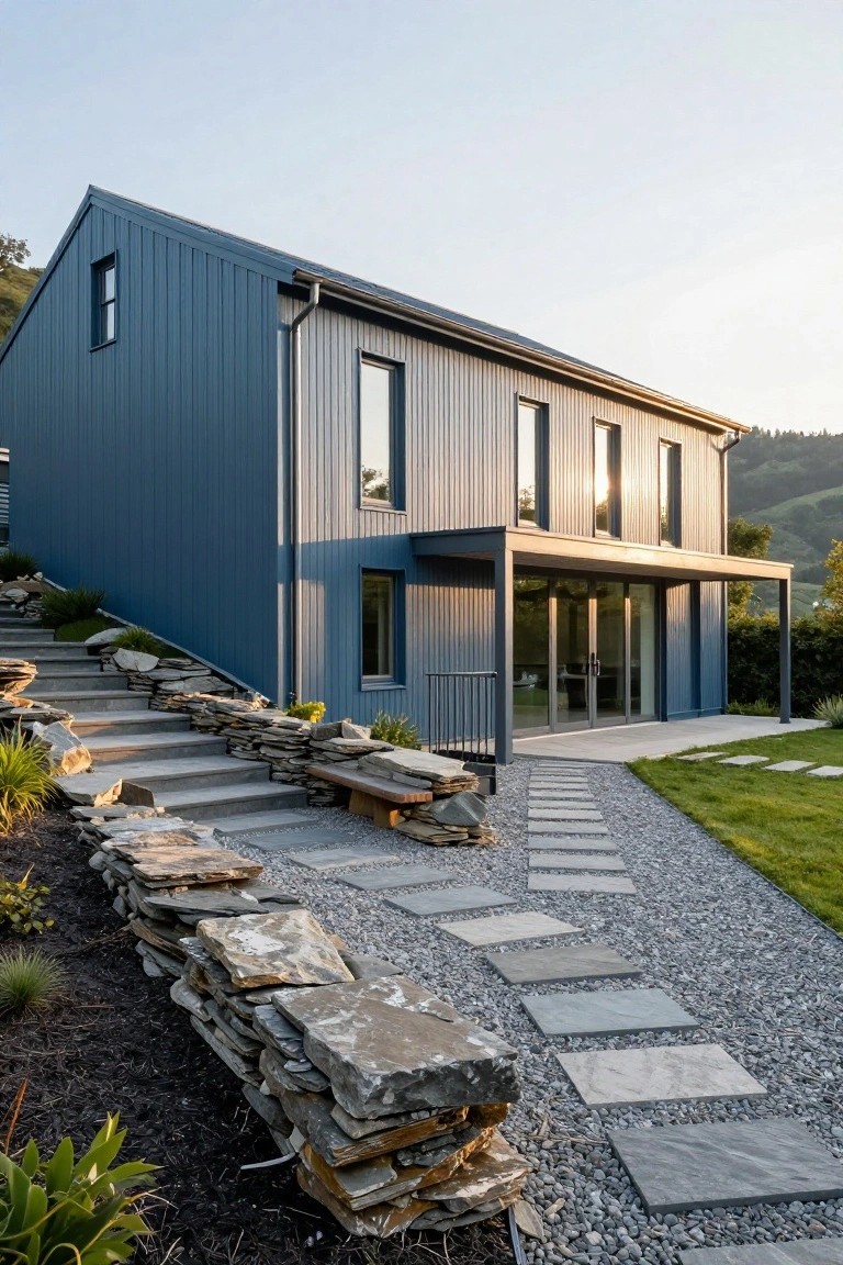 Slate blue house with vertical wood cladding and gabled roof on a sloped hillside, featuring stone steps, retaining walls, gravel pathway, and glass entry doors under a covered porch.