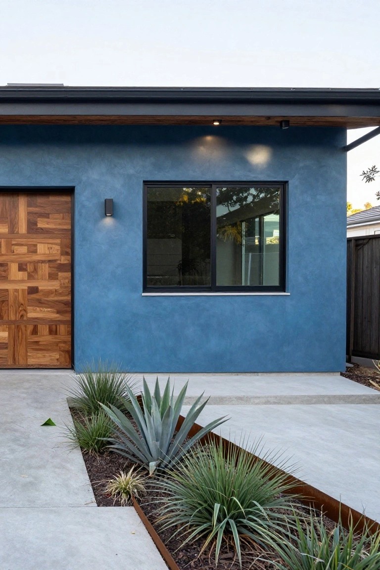 Slate blue stucco house exterior featuring a wooden garage door with grid design, black-framed window, wall light, and agave plants in metal-edged bed along concrete path.