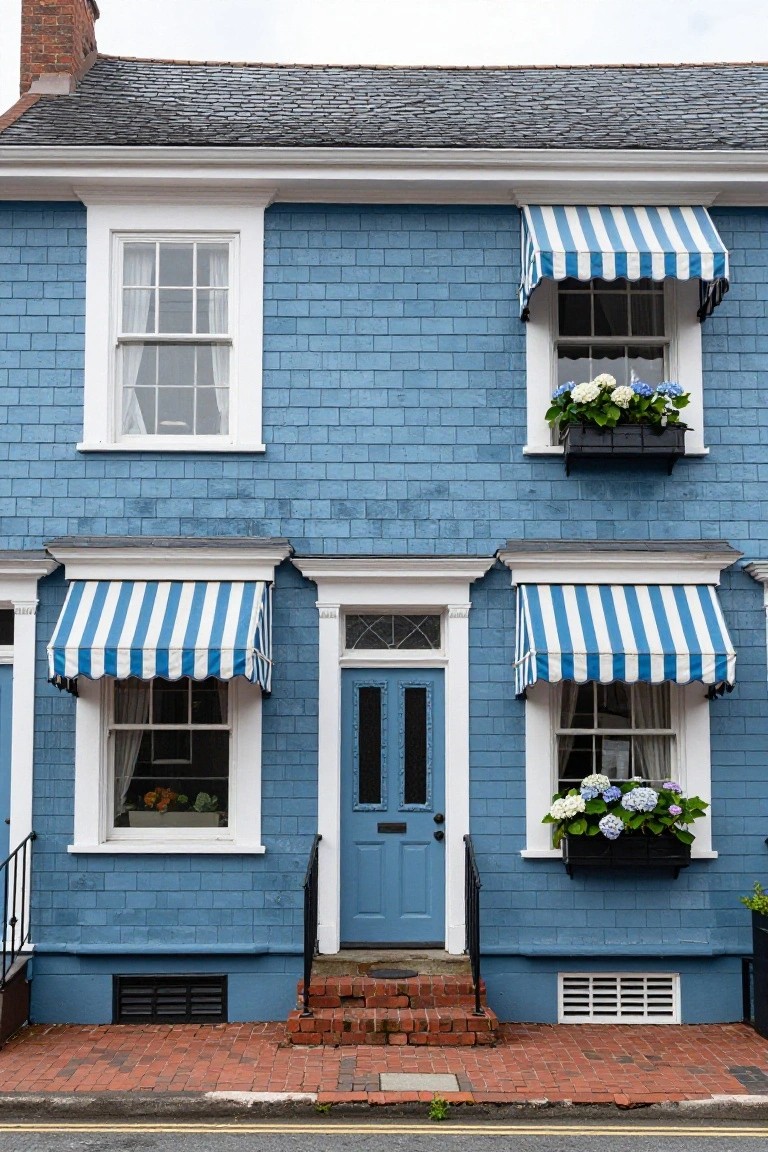 A two-story house with slate blue shingle siding, white trim, blue front door, blue-and-white striped awnings over the windows and entryway, window boxes with white hydrangeas, and brick steps.