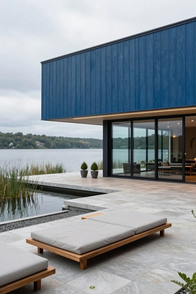Modern house with blue vertical cladding cantilevered over a lake, featuring large glass sliding doors, a gray tiled terrace with wooden daybeds, potted plants, reeds, and water views.