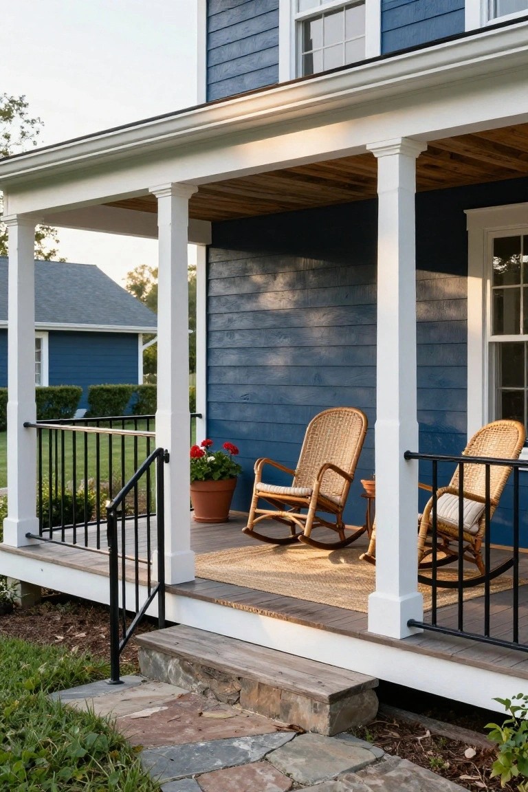 Front porch of a slate blue shingle house with white columns, black metal railing, two wicker rocking chairs, potted red geraniums, and stone steps leading down to grass and landscaping.