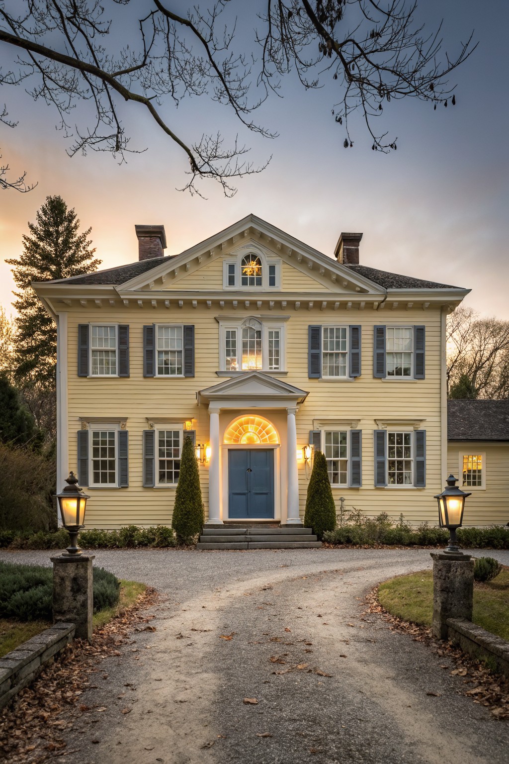 A two-story pale yellow clapboard house with white trim, black shutters, pedimented portico, blue front door, lanterns on stone pillars flanking a gravel driveway, evergreens, and bare trees at twilight.