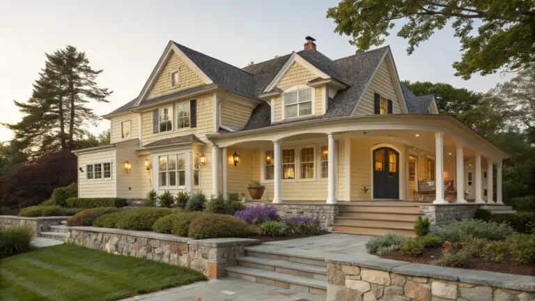 Two-story yellow clapboard house with gabled roof, wraparound porch supported by white columns, dark blue double front doors, flanked by windows, stone steps and pathway with low boxwood hedges and lanterns leading to the entry.