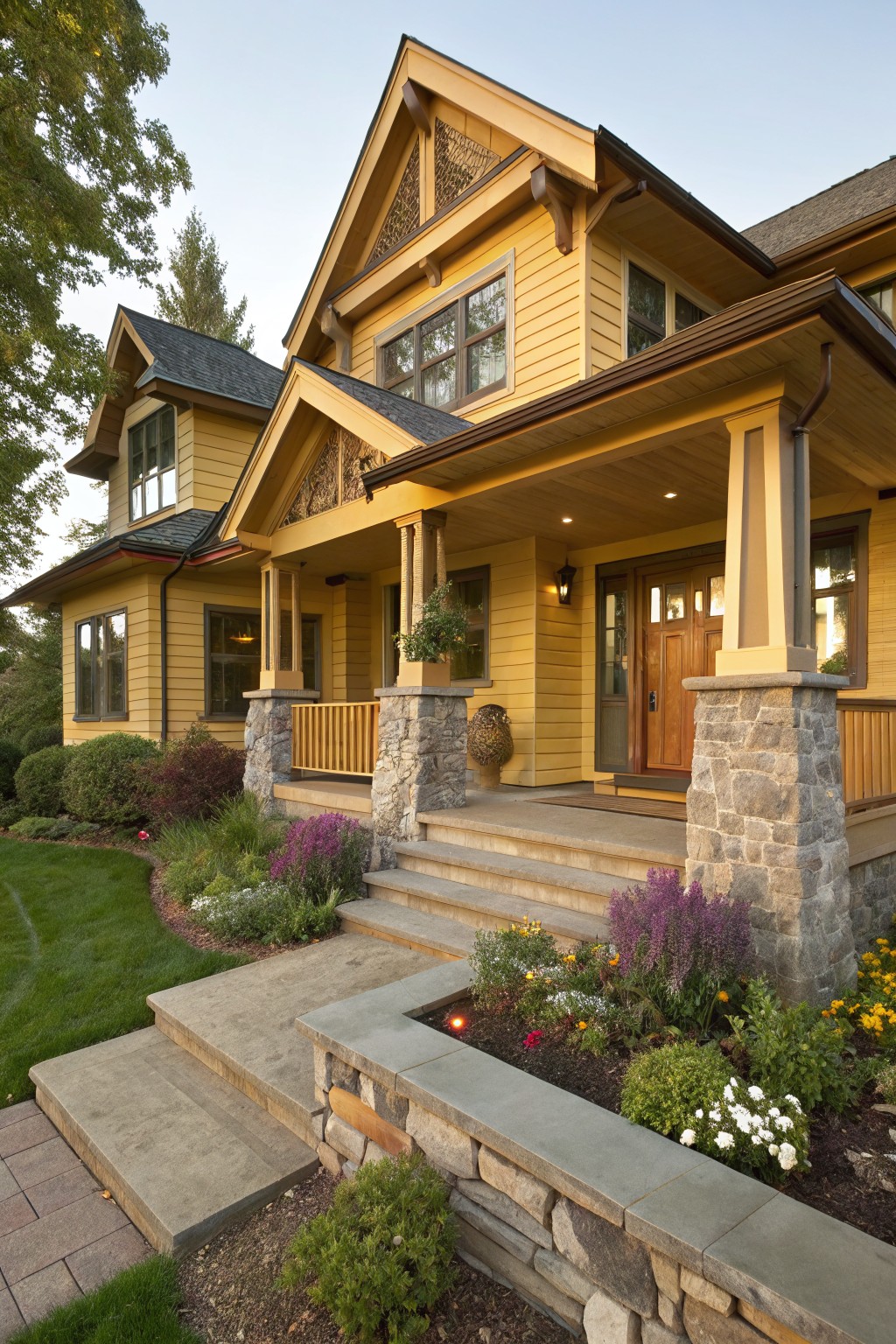 A two-story house painted soft yellow with dark trim and a wide covered front porch supported by square stone pillars, wooden front door, and surrounding flower beds and shrubs.