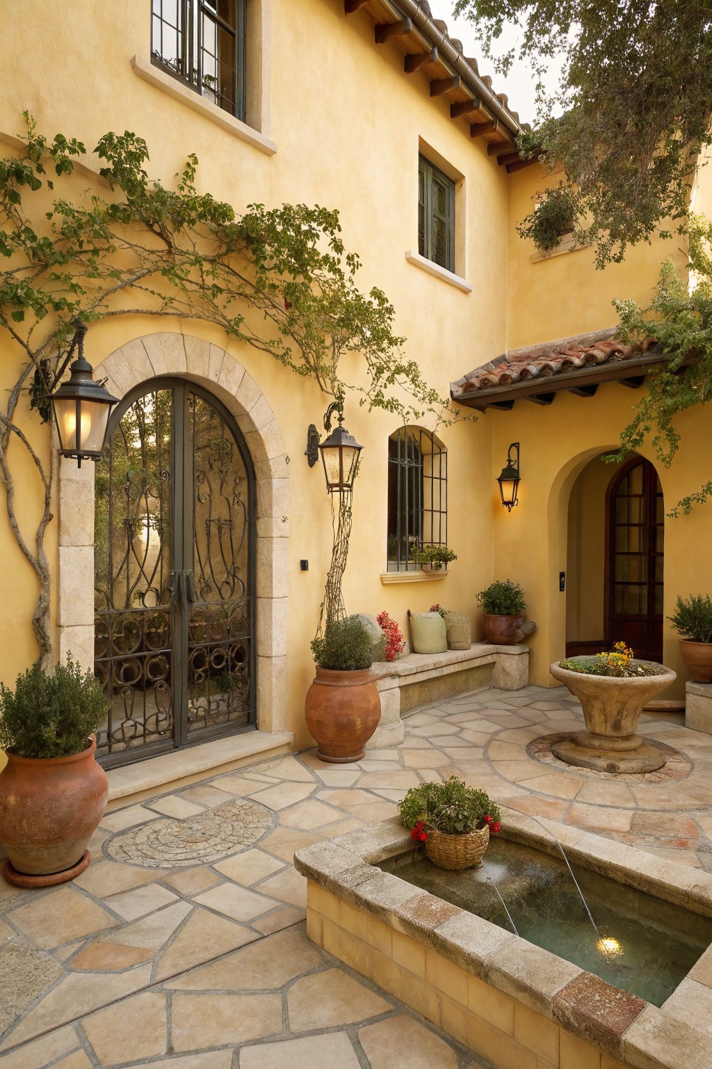Soft yellow stucco walls with arched wrought iron double doors, climbing vines, wall-mounted lanterns, potted plants, a stone bench, and a central stone fountain in a tiled courtyard patio.