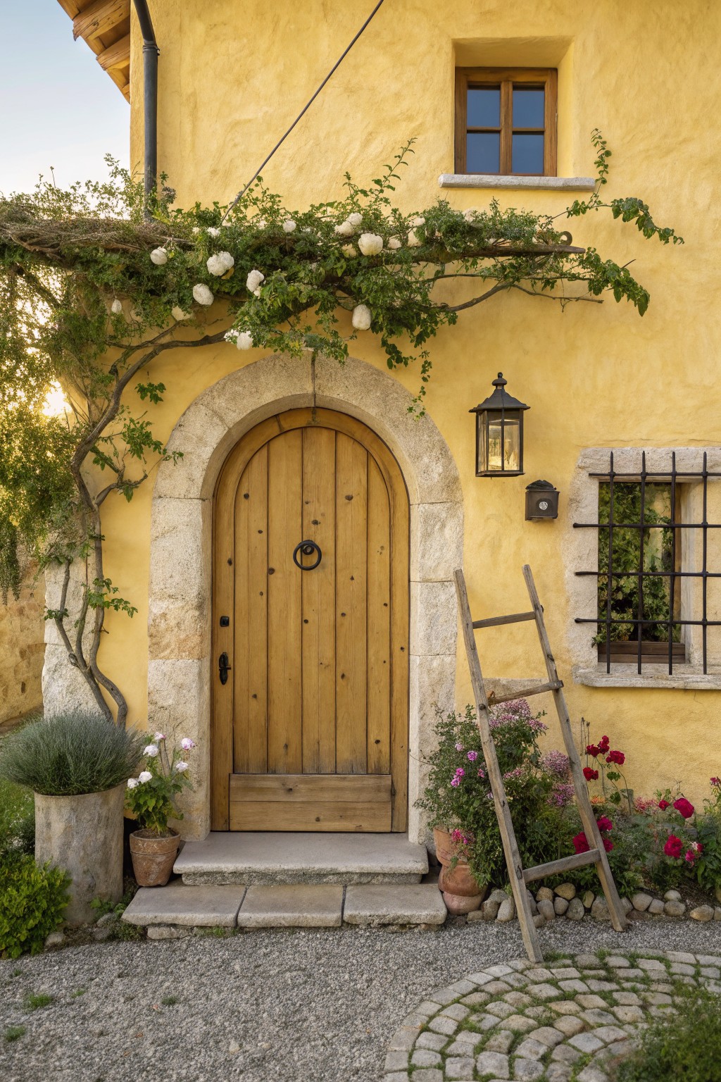 Soft yellow stucco house exterior with arched stone doorway containing a wooden plank door, climbing vines overhead, wall lantern, barred window, leaning ladder, potted plants, and gravel path with stone steps.