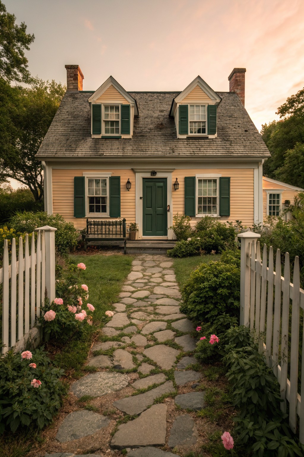 Soft yellow clapboard house with green shutters, green front door, white picket fence, stone pathway lined with pink roses and greenery, two chimneys, dormer windows, at sunset.