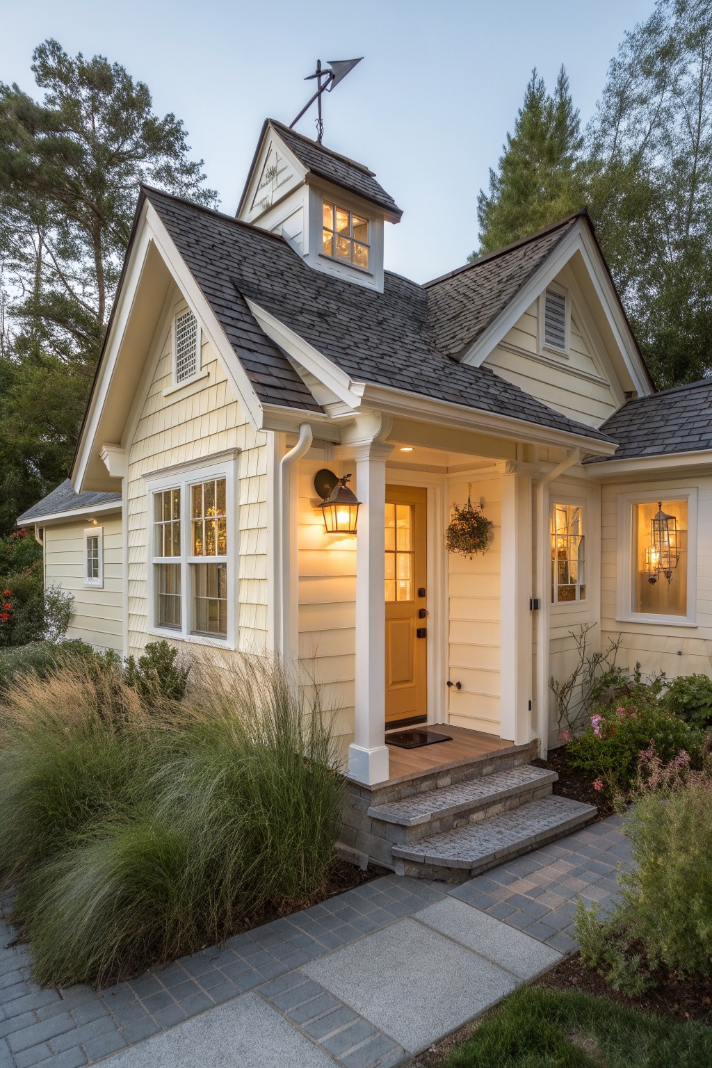 Pale yellow clapboard cottage house with gabled roof, covered front porch, yellow door, wall lanterns, hanging plants, and ornamental grasses on a stone pathway at dusk.