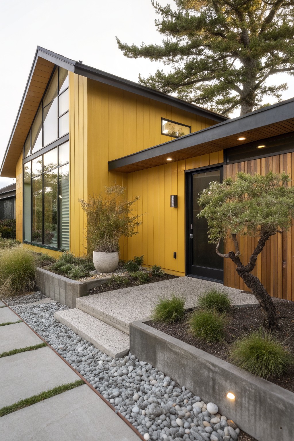 Yellow vertical siding on a modern gabled house with large triangular glass windows, black-trimmed front door in wood paneling, concrete steps, raised planters with grasses, pebble ground cover, and pathway leading to the entry.