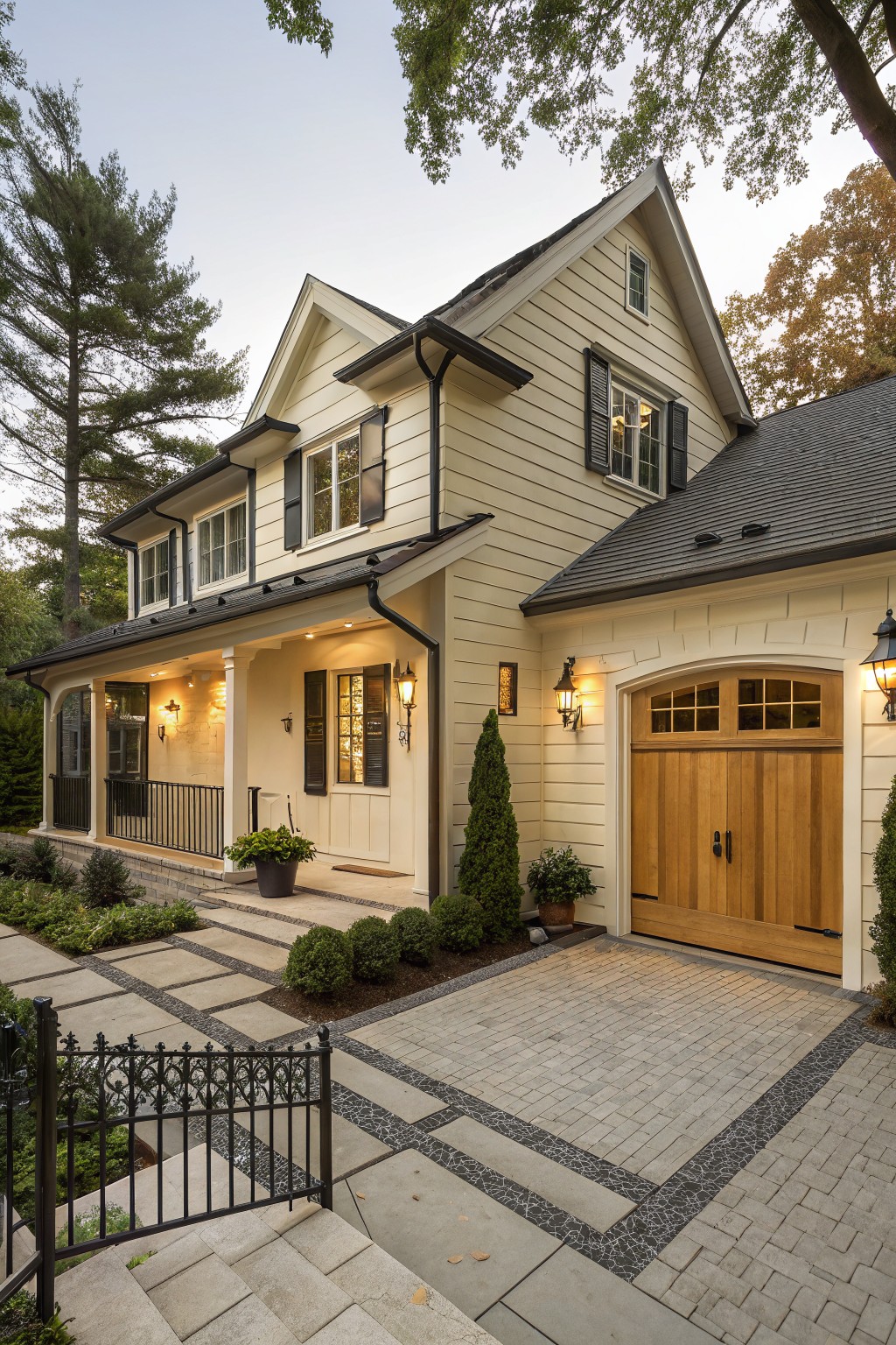 Two-story house with pale yellow clapboard siding, black shutters and trim, front porch, attached garage with wooden doors, stone path, and evergreen shrubs.