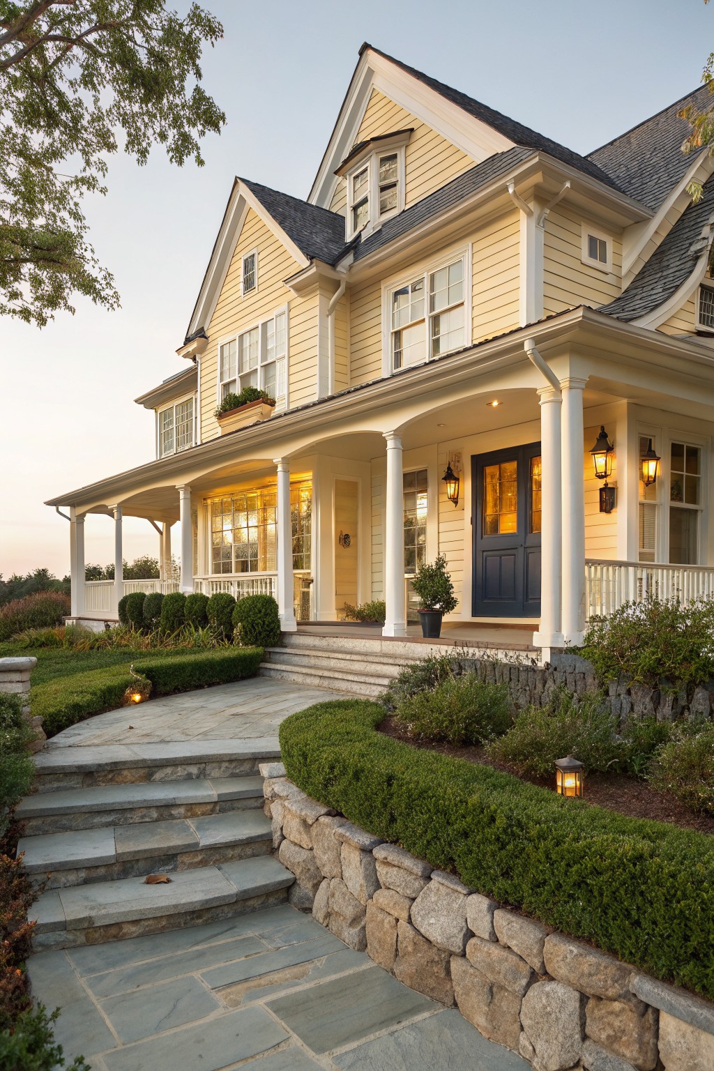 Two-story yellow clapboard house with gabled roof, wraparound porch supported by white columns, dark blue double front doors, flanked by windows, stone steps and pathway with low boxwood hedges and lanterns leading to the entry.