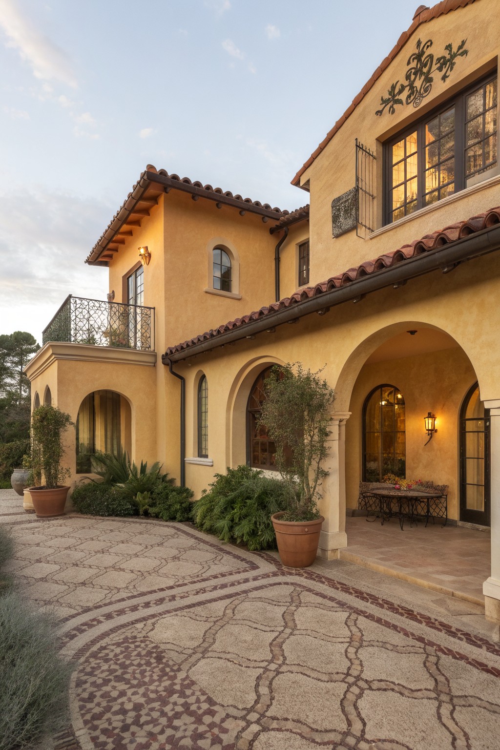 Two-story soft yellow stucco house with terracotta tile roof, wrought iron balcony, arched entryway, potted plants, and curved mosaic tile pathway.