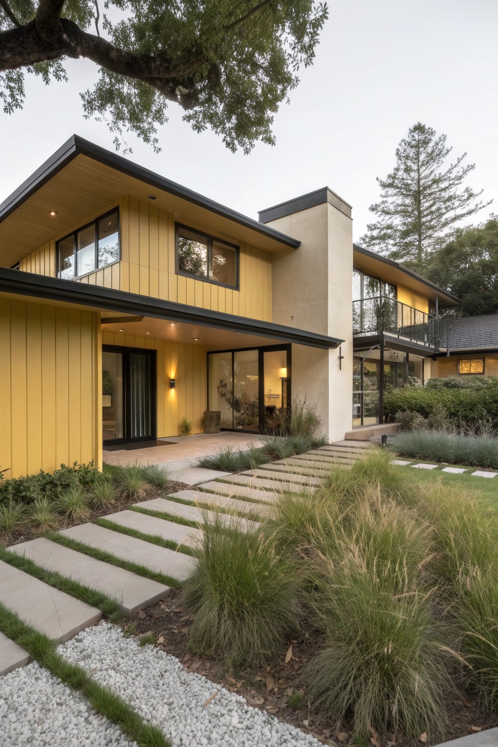 A modern yellow-sided house with vertical panels, black trim, large windows, overhanging entry canopy, glass door, and concrete stepping stone path through grasses and gravel to the front entrance under oak and pine trees.