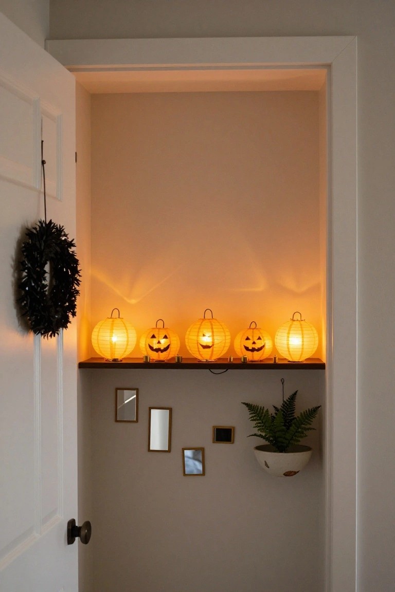 Open white closet door showing a wooden shelf lined with five glowing orange paper lanterns featuring jack-o'-lantern faces, a black wreath on the door, small gold-framed mirrors on the wall, and a white hanging planter with a green fern.