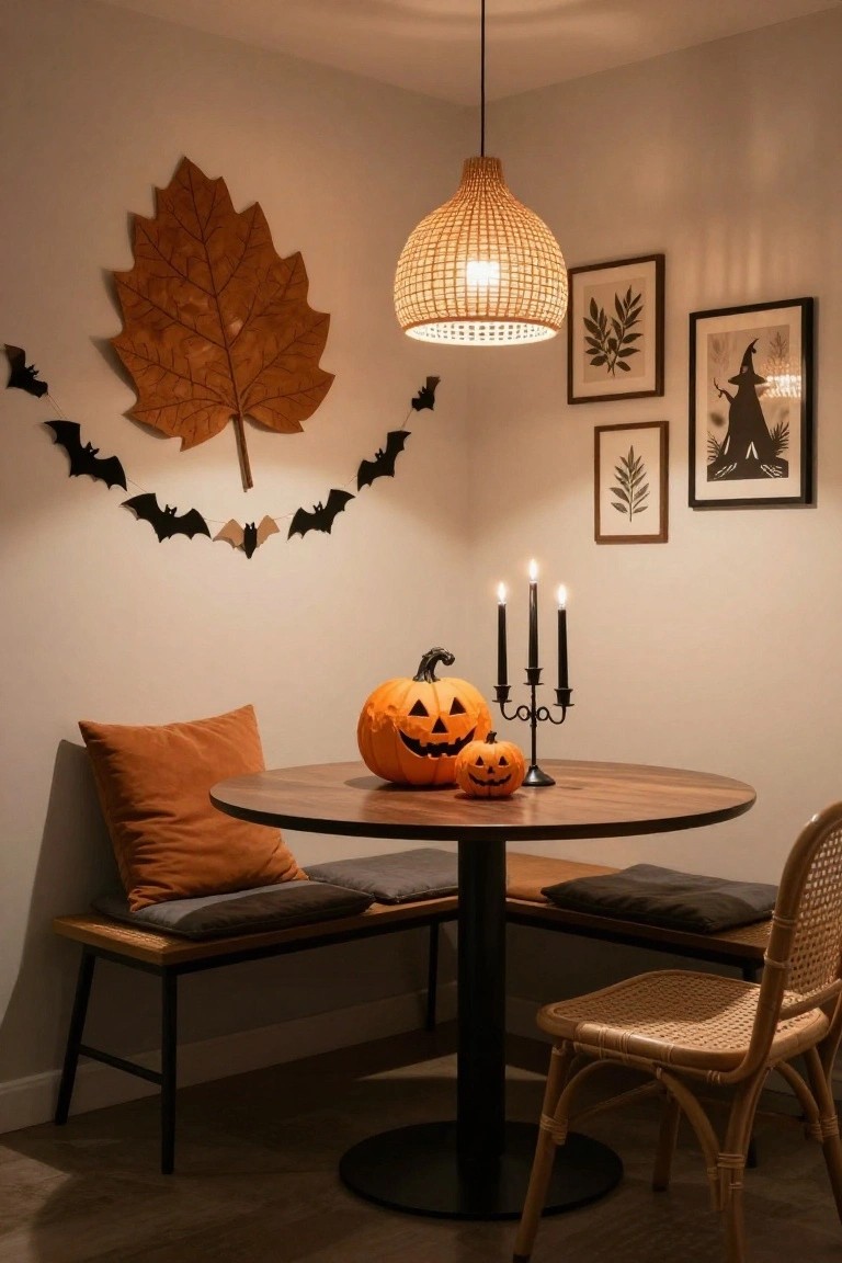 Corner round wooden table holding a large carved orange pumpkin, small orange pumpkin, and black metal candelabra with three lit candles, bench with orange and gray cushions, bat garland and large wooden maple leaf on white wall, rattan pendant light overhead in warmly lit room.