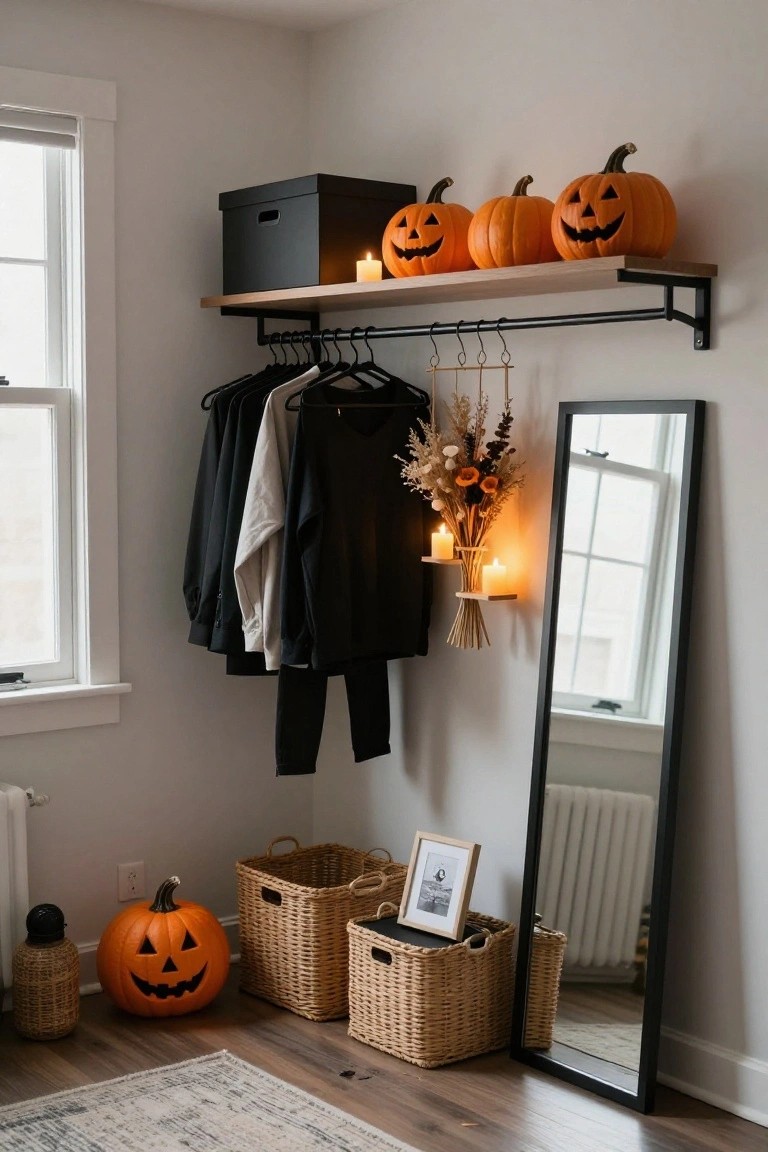 Corner of a light gray room with wall shelf holding three orange jack-o-lantern pumpkins and a candle, above a black clothing rail with hanging dark and light clothes, beside a tall black-framed mirror, dried flower arrangement with candles, wicker baskets, and a floor pumpkin.