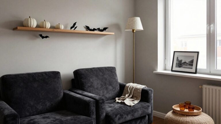 Gray corner of a living room with wooden floating shelf displaying white pumpkins, black paper bats, and a black-framed photo, beside a gold arched floor lamp, black velvet sofa with beige throw, and wicker ottoman holding candles on a tray.