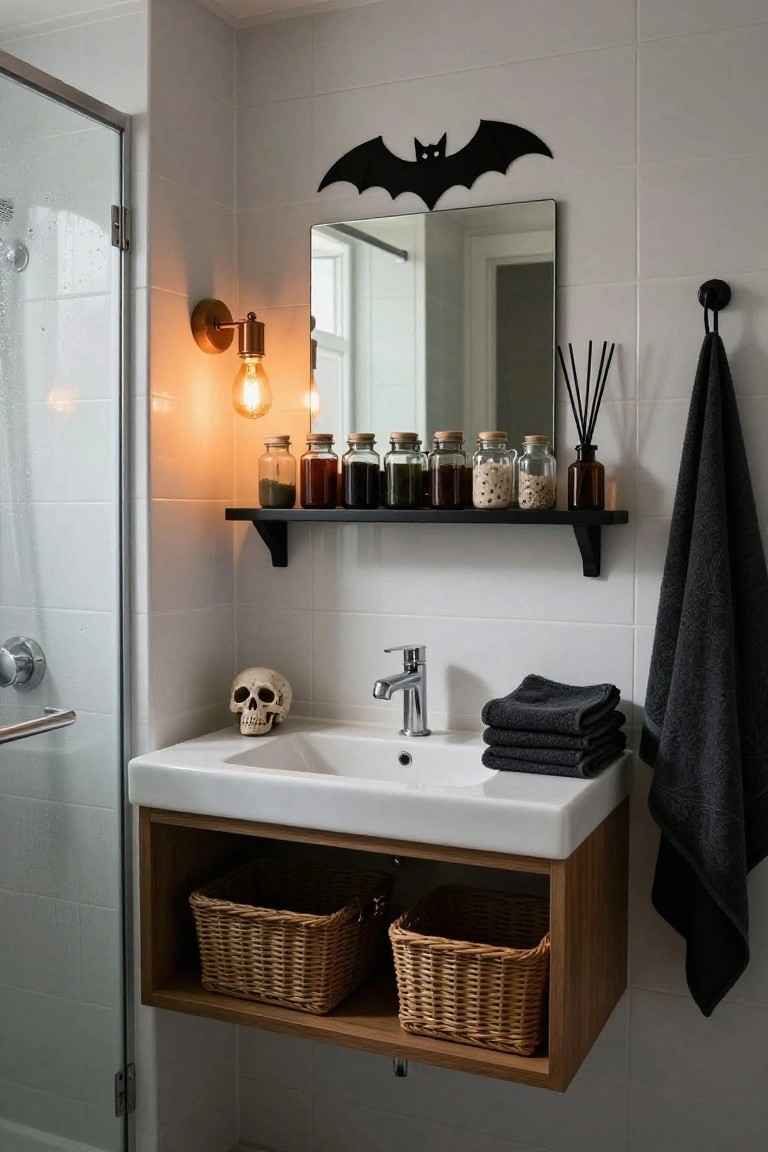 A small modern bathroom with a white sink in a wooden vanity holding wicker baskets, a plastic skull on the counter next to the faucet, black floating shelves above displaying glass jars with colored contents, a black bat wall decal near the mirror, and stacked dark gray towels.