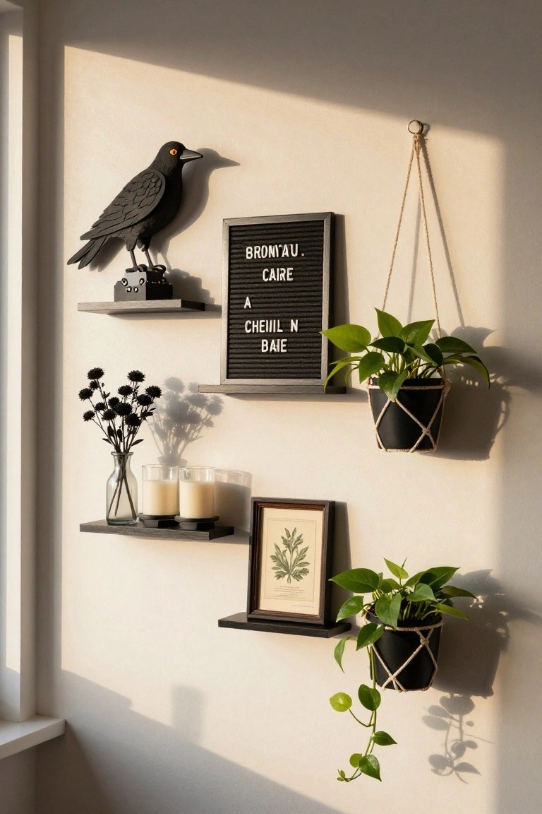 Beige interior wall with three floating gray shelves holding a black wooden crow sculpture, black letter board sign, black flower stems in glass vase, two beige candles, and a framed vintage botanical print, plus two hanging black pots with green leafy plants on ropes nearby a window.
