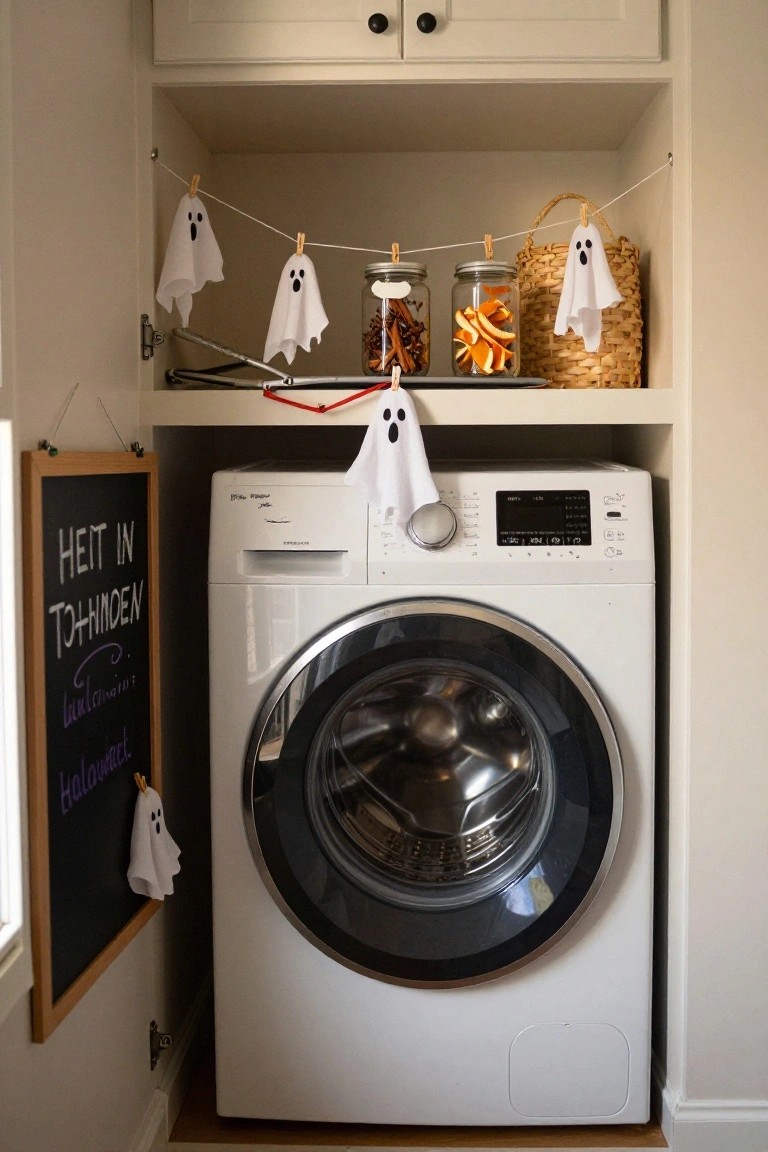 Narrow laundry nook with white washer, upper cabinets, hanging paper ghosts on a clothesline strung above the machine, glass jars with spices and orange peels on shelves, woven basket, and chalkboard sign reading 