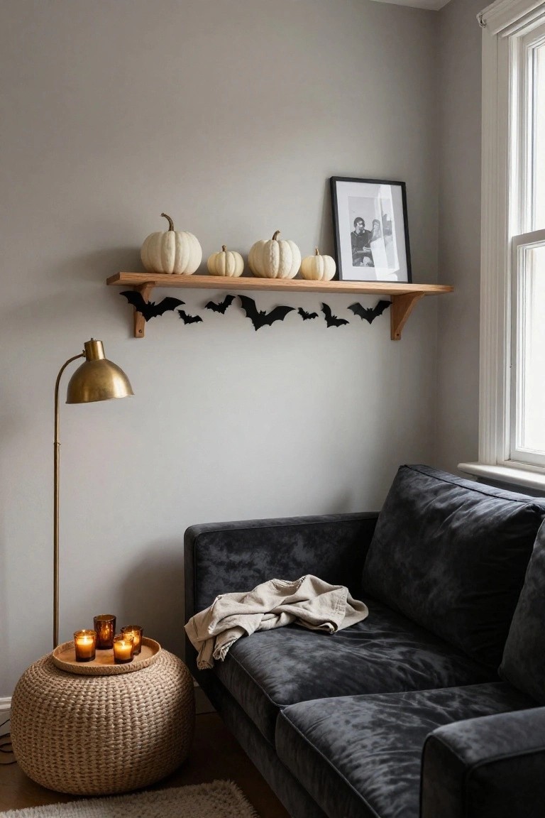 Gray corner of a living room with wooden floating shelf displaying white pumpkins, black paper bats, and a black-framed photo, beside a gold arched floor lamp, black velvet sofa with beige throw, and wicker ottoman holding candles on a tray.