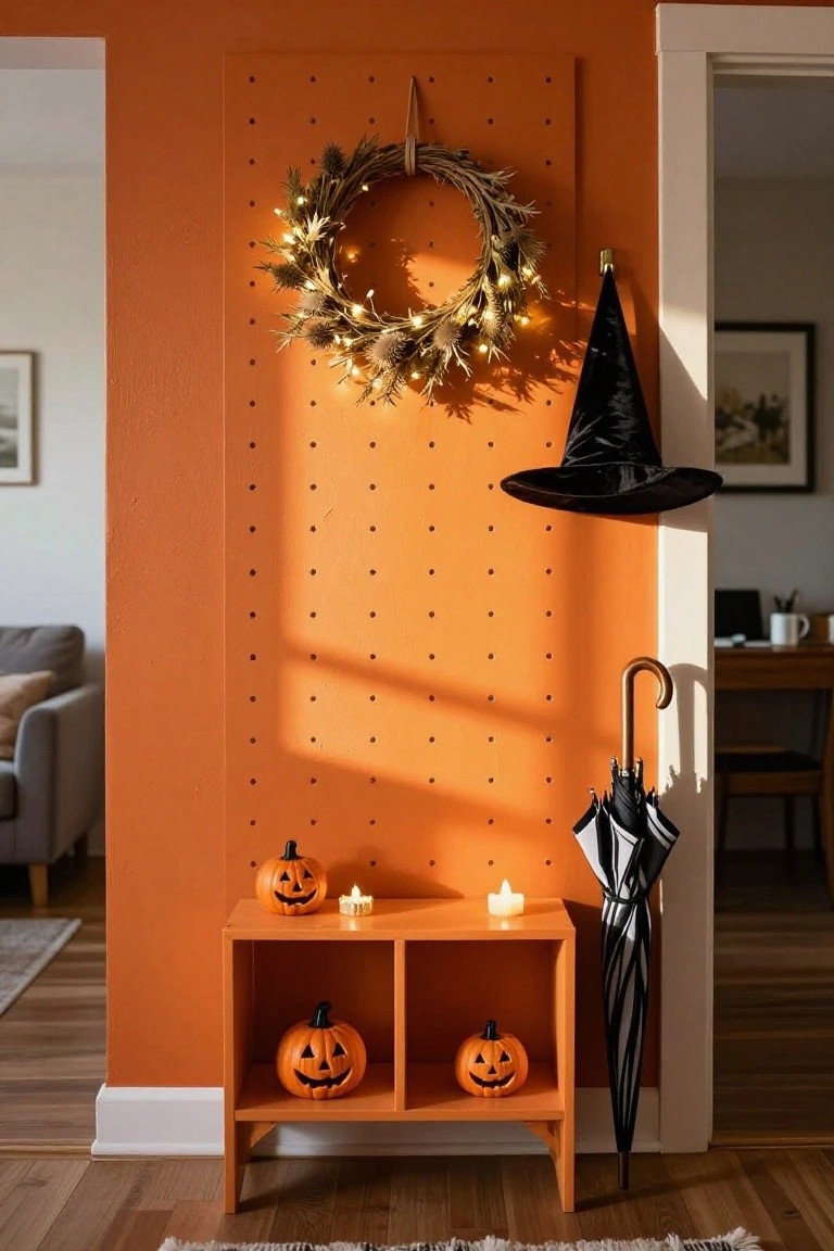 Orange pegboard wall in a home entryway holding a lit wheat wreath and black witch hat, with an orange shelf below displaying small jack-o-lanterns and candles, plus a black and white umbrella nearby.