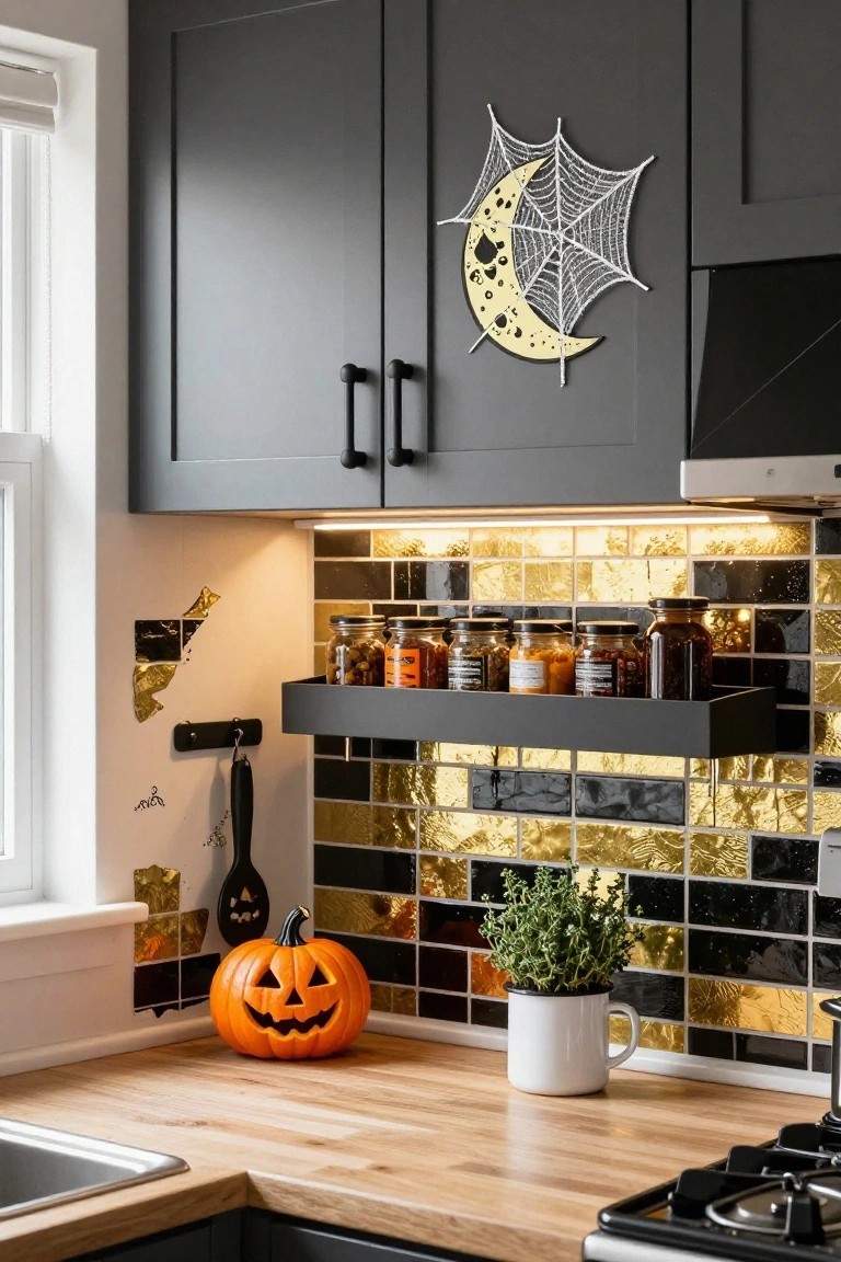 Kitchen corner with dark gray cabinets, black floating shelf holding assorted spice jars, gold and black mosaic tile backsplash, carved orange pumpkin on wood counter, white plant pot, and Halloween spider web and moon decoration on cabinet door.