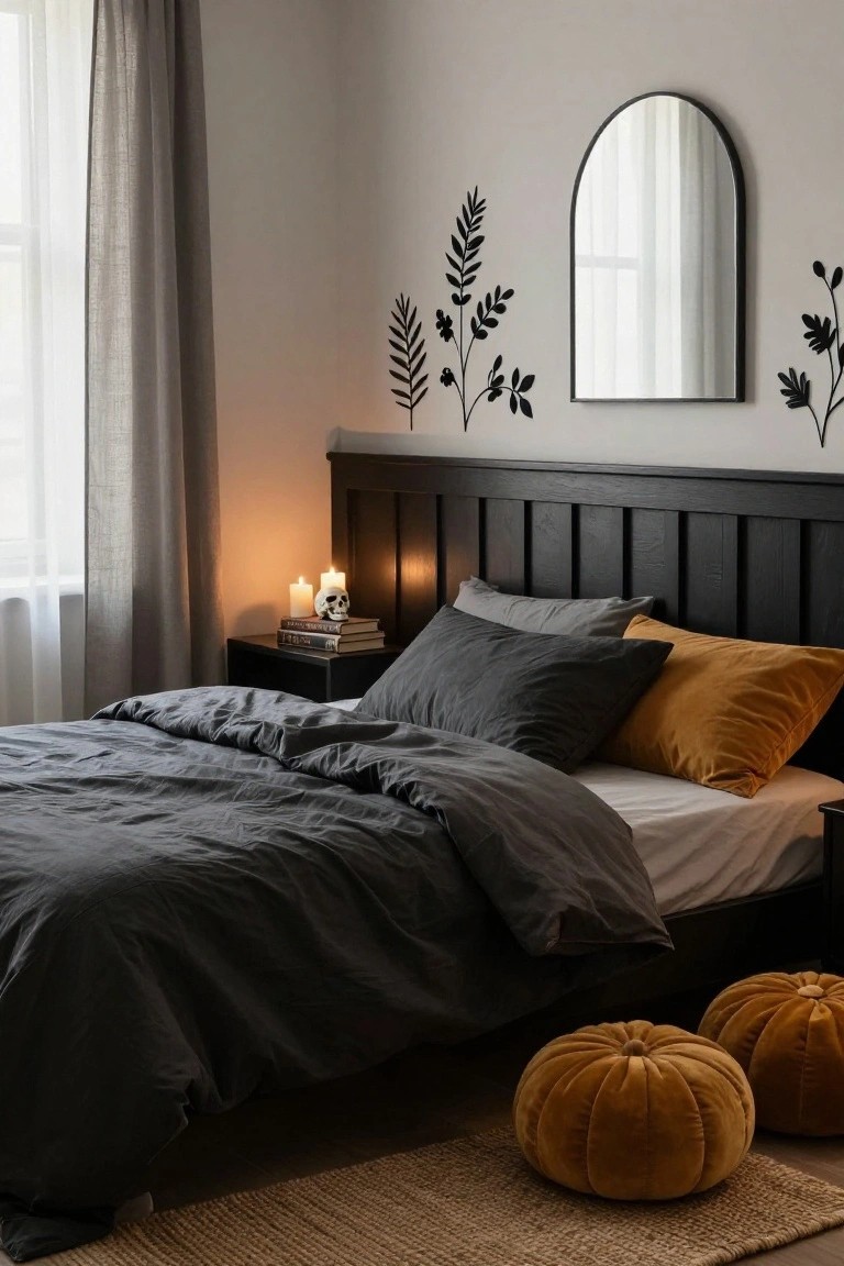 A bedroom corner with a black wooden bed frame, dark gray linens, orange pillows, a nightstand holding books, candles, and a white skull, black leaf decals on beige walls, sheer curtains at a window, and two orange velvet pumpkin poufs on a seagrass rug.