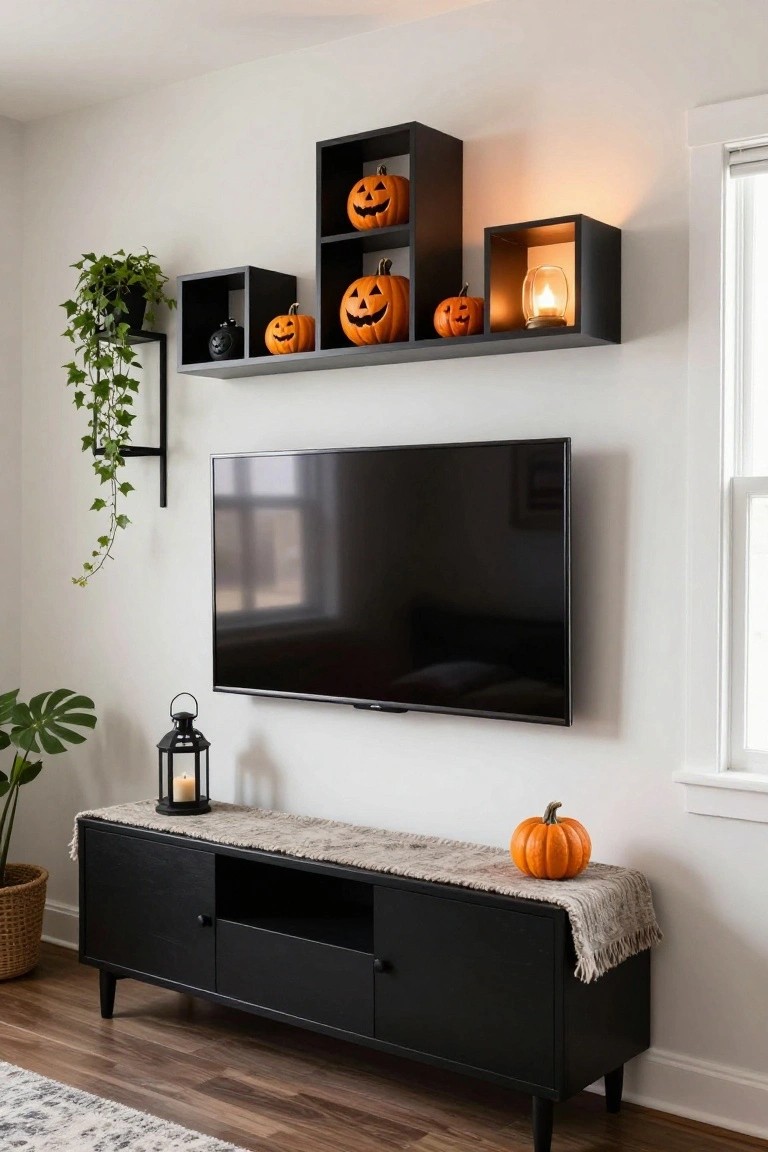 Black floating shelves mounted above a wall TV hold orange jack-o'-lantern pumpkins and lit lanterns, with a black media console below topped by a small pumpkin and faux fur runner, plants on either side in a light wood-floor room.