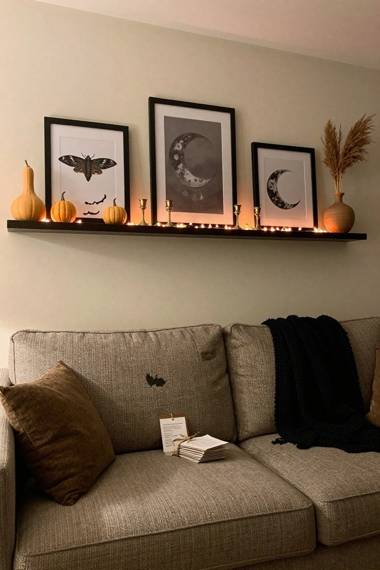Beige floating wall shelf lined with fairy lights and displaying small orange pumpkins, black bat cutouts, framed artwork of a moth and moons, gold candlesticks, and pampas grass in a vase above a gray sofa with brown pillows, black throw blanket, and stacked papers.